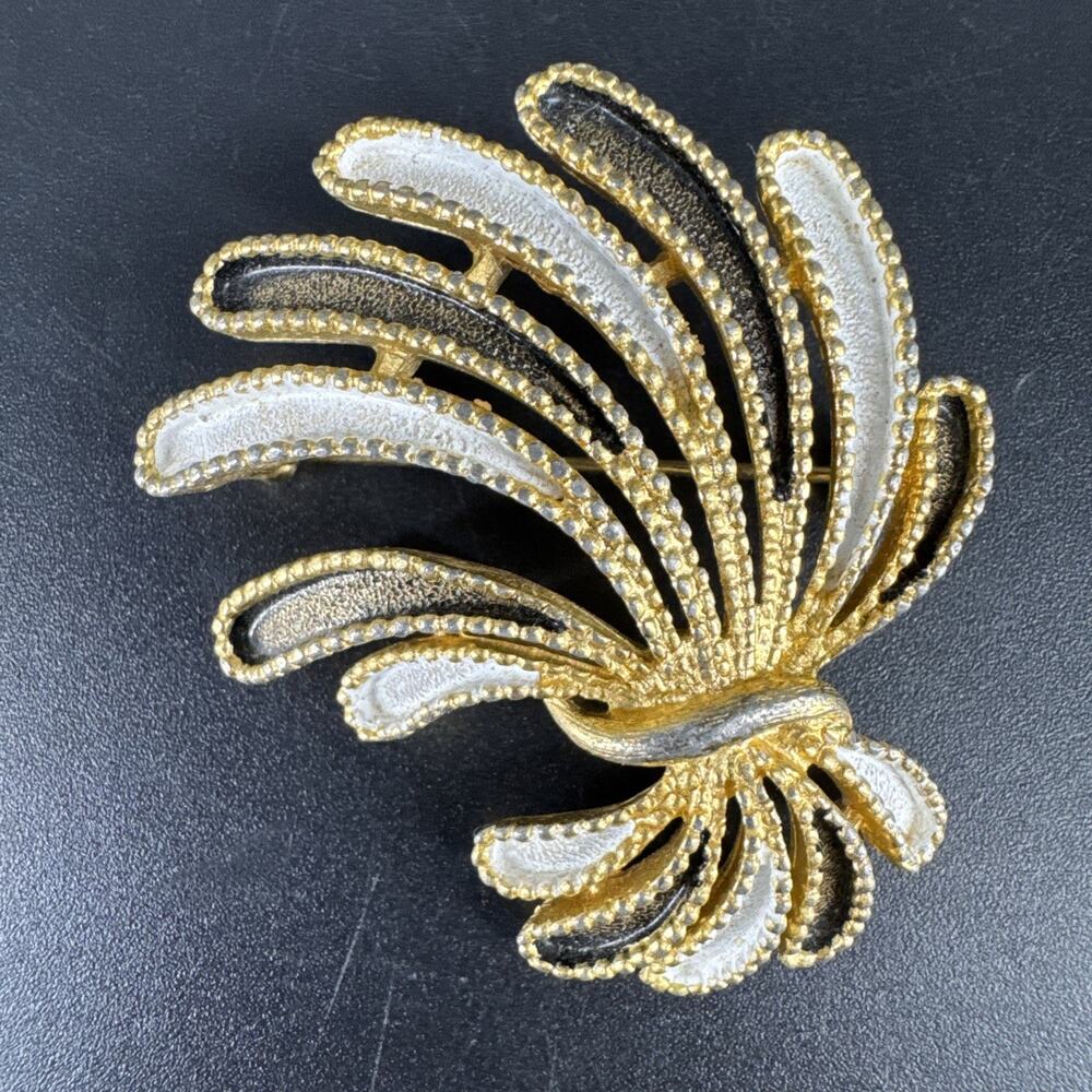 Vintage Brooch Pin St. Labre Black and White Enamel Petal Swirl Feather